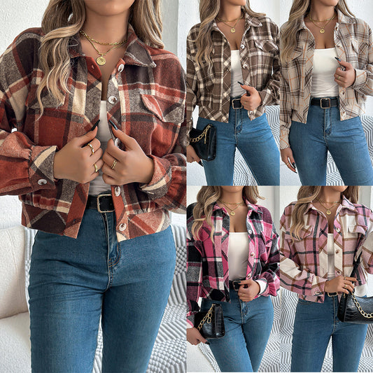 Plaid Faux Pocket Long Sleeve Woolen Cloth Jacket Coat