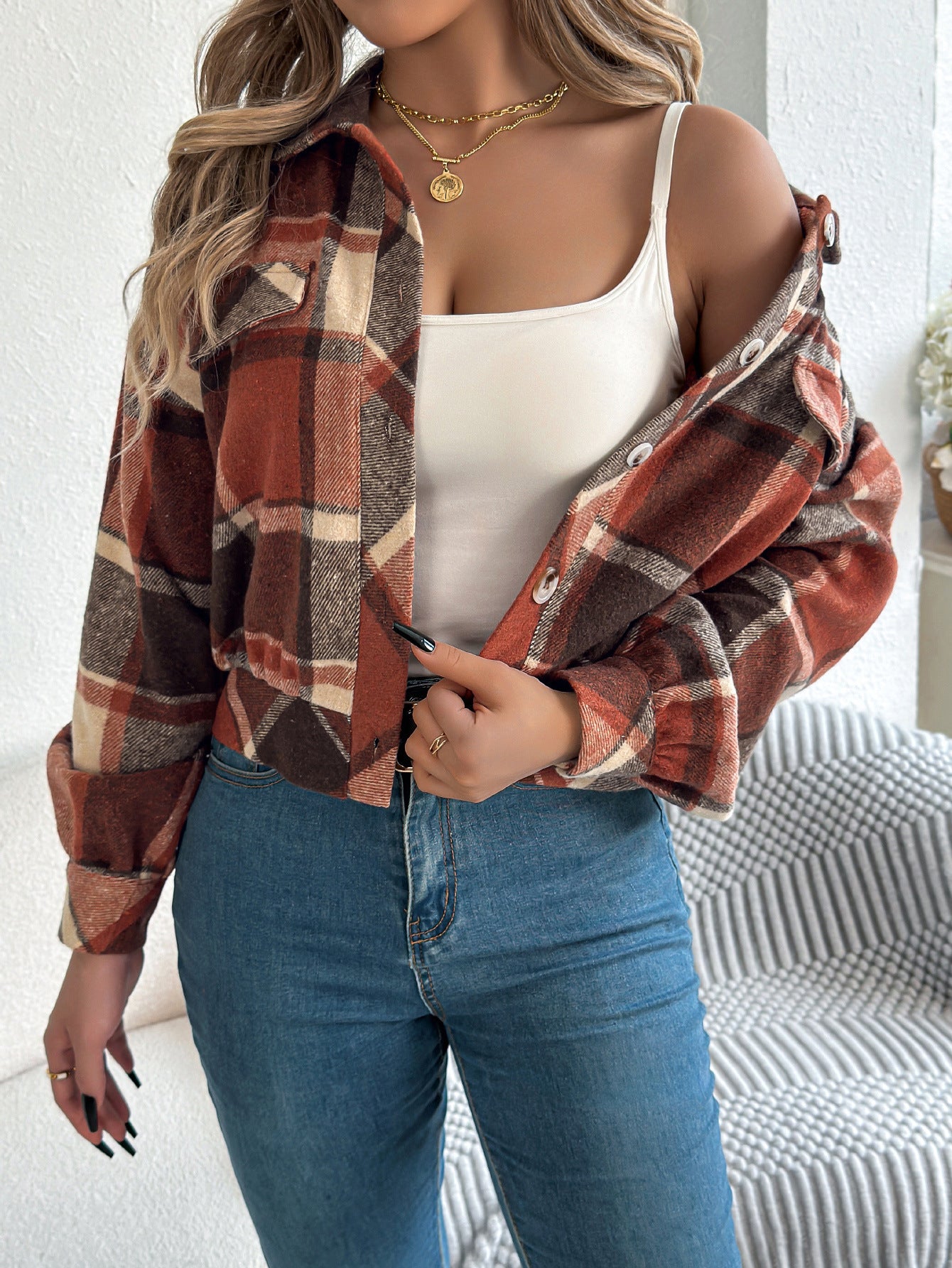 Plaid Faux Pocket Long Sleeve Woolen Cloth Jacket Coat